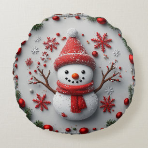 Festive Snowman Design with Christmas Decorations Round Cushion