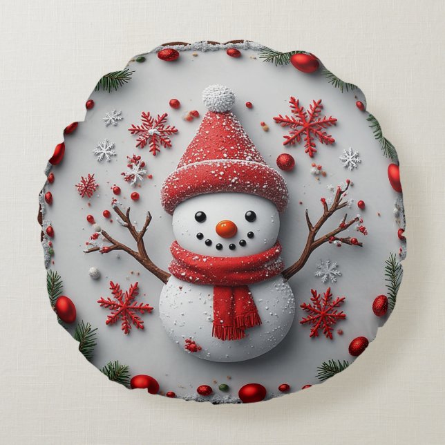 Festive Snowman Design with Christmas Decorations Round Cushion (Front)