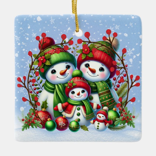 Festive Snowman Family Ceramic Ornament (Front)