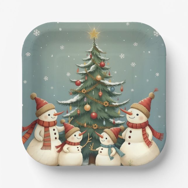Festive Snowman Family Christmas Collection Paper Plate (Front)