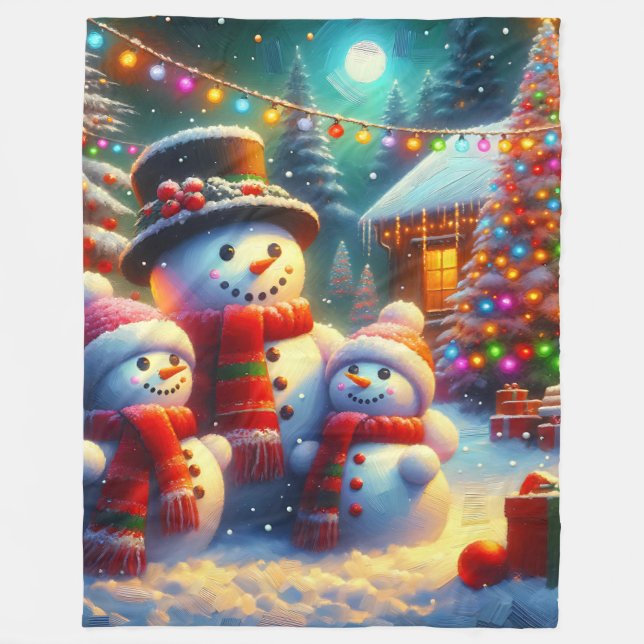 “Festive Snowman Family Christmas Scene” Fleece Blanket (Front)
