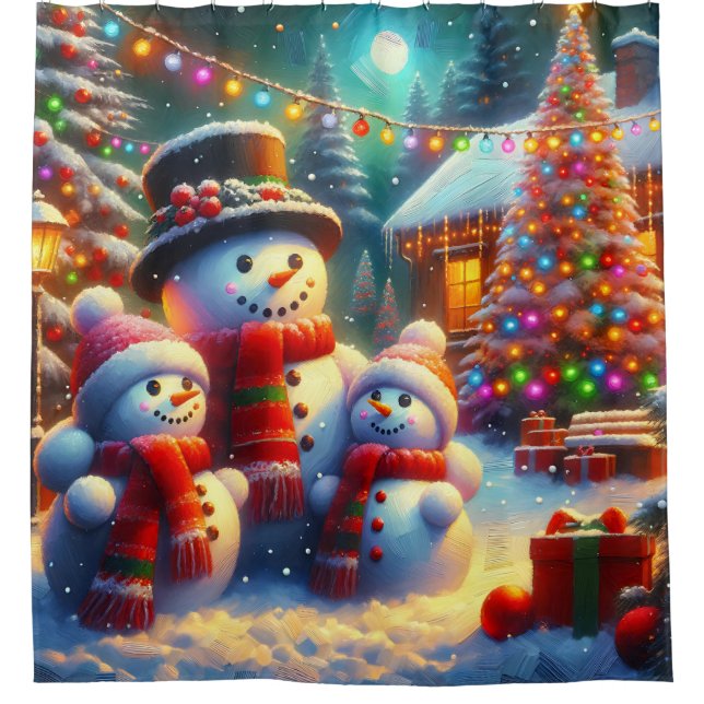 “Festive Snowman Family Christmas Scene” Shower Curtain (Front)
