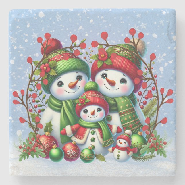 Festive Snowman Family Stone Coaster (Front)