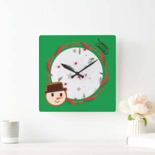 Festive Snowman Green Christmas Square Wall Clock