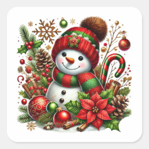 Festive Snowman In Red and Green Square Sticker