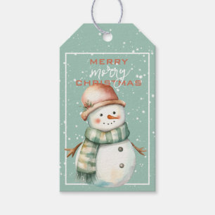 Festive Snowman in Teal Scarf & Tan Cap Christmas Gift Tags