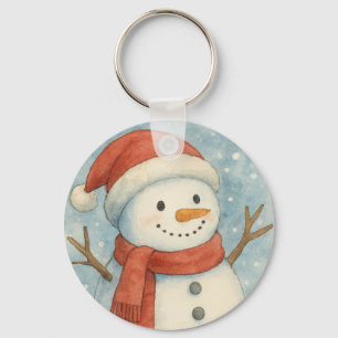 Festive Snowman in Watercolor Wonderland Key Ring