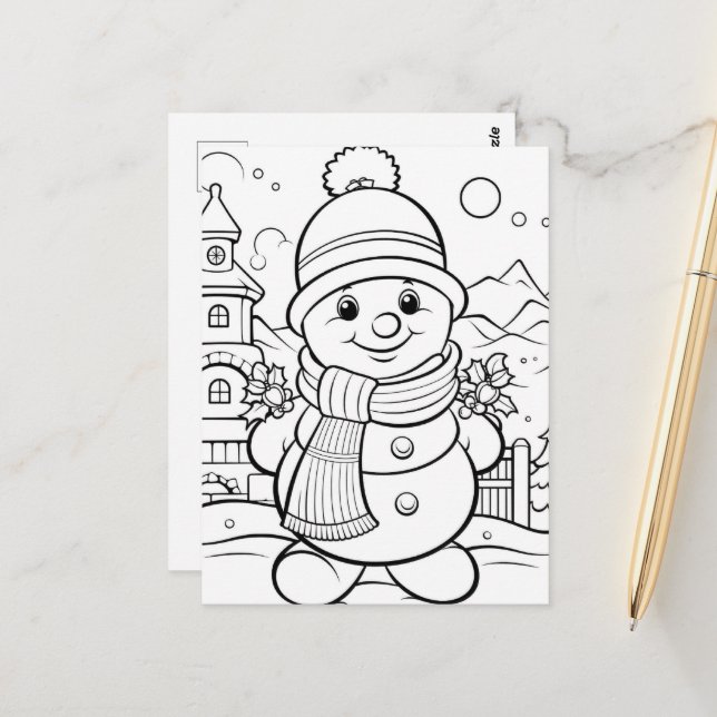 Festive Snowman kids colouring  Postcard (Front/Back In Situ)