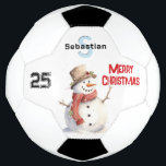 Festive Snowman Monogrammed Merry Christmas Football<br><div class="desc">Enhance your seasonal soccer games with this festive football. The ball pictures a friendly snowman in watercolor style, accompanied by a number and 'Merry Christmas' greeting in red lettering. Personalise with the lucky recipient's initial and name, which will be displayed prominently as a monogram. You can also edit the number...</div>