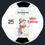 Festive Snowman Monogrammed Merry Christmas Football<br><div class="desc">Enhance your seasonal soccer games with this festive football. The ball pictures a friendly snowman in watercolor style, accompanied by a number and 'Merry Christmas' greeting in red lettering. Personalise with the lucky recipient's initial and name, which will be displayed prominently as a monogram. You can also edit the number...</div>