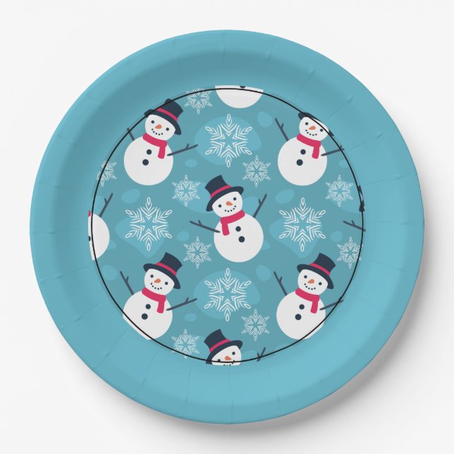 Festive Snowman on Blue Pattern Paper Plate (Front)