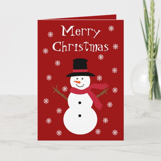 Festive Snowman & Snowflakes Red Christmas Card (Front)