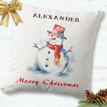 Festive Snowman Whimsical Custom Merry Christmas Cushion<br><div class="desc">This cute and festive Christmas pillow features a watercolor-style picture of a cheerful snowman, with 'Merry Christmas' greeting in red script typography. Add the recipient's name to the design (click 'Personalise' to enter the name you would like). The design is the same on both sides of the cushion. An ideal...</div>