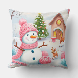 Festive Snowman with Deer in a Winter Wonderland Cushion
