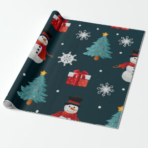 Festive Snowmen Christmas Trees Holiday Gift Wrapping Paper