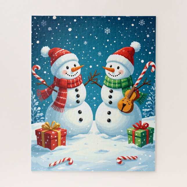 Festive Snowmen with Candy Canes and Gifts Jigsaw Puzzle (Vertical)