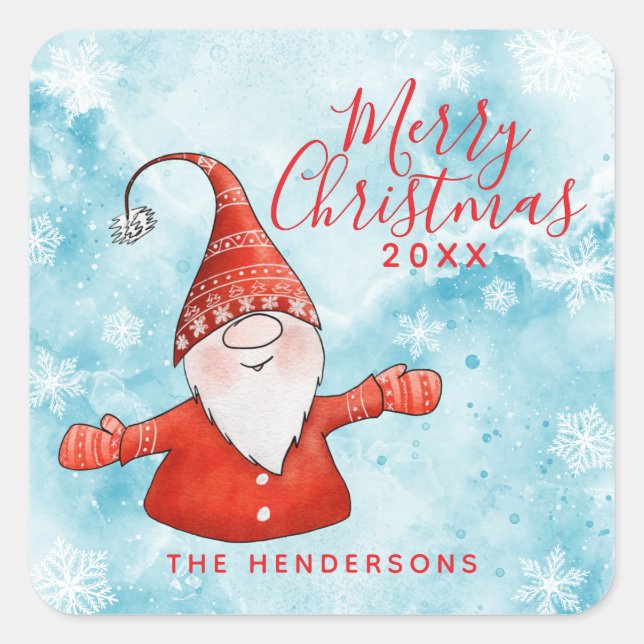Festive Snowy Blue and Red Gnome Merry Christmas Square Sticker (Front)