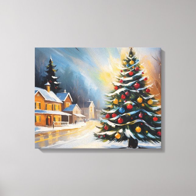 Festive Snowy Cabin with Christmas Tree  Canvas Print (Front)