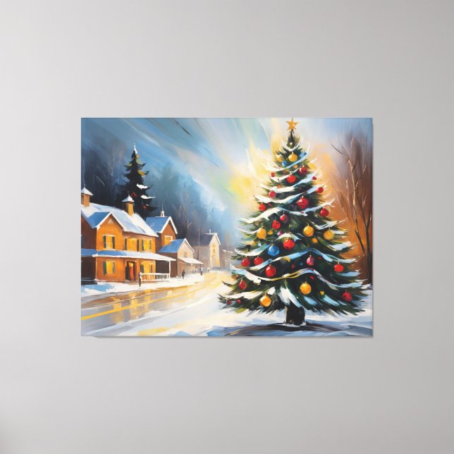 Festive Snowy Cabin with Christmas Tree  Canvas Print (Front)