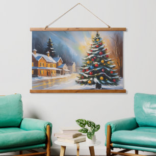 Festive Snowy Cabin with Christmas Tree  Hanging Tapestry