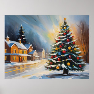 Festive Snowy Cabins with Christmas Tree Poster