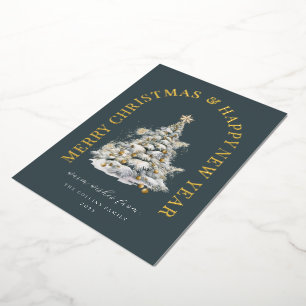 Festive Snowy Christmas Tree Modern Green Foil Holiday Card