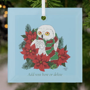 Festive Snowy Owl Red Poinsettias Christmas Scarf Glass Tree Decoration