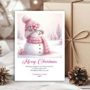 Festive snowy pink snowman kids greeting card edit