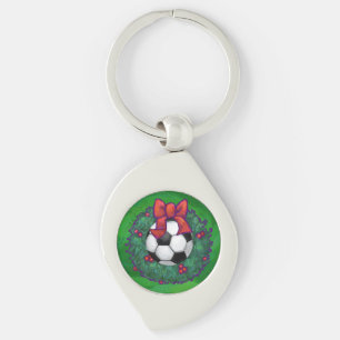 Festive Soccer Ball Christmas Wreath on Green Key Ring