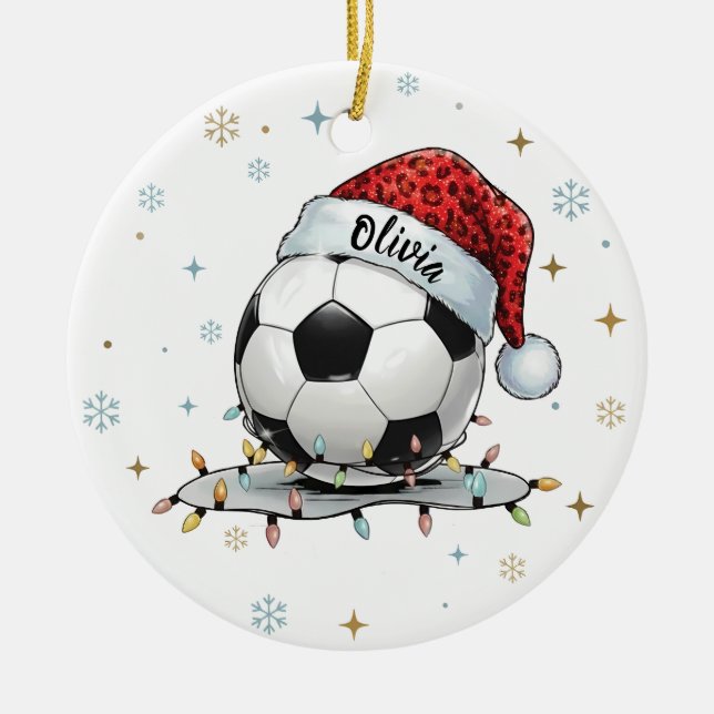 Festive Soccer Ball Holiday Design  Ceramic Tree Decoration (Front)