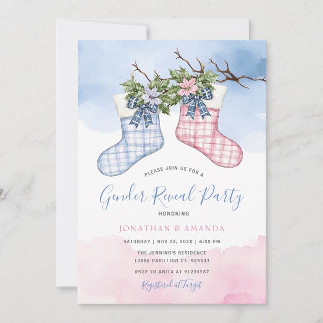 Festive Socks Floral Christmas Gender Reveal Party Invitation (Front)