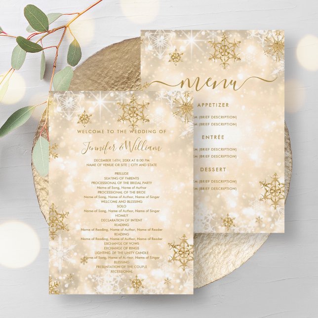Festive Sparkle Gold Winter Wedding Menu Program Invitation (Festive Sparkle Gold Winter Wedding Menu Program)