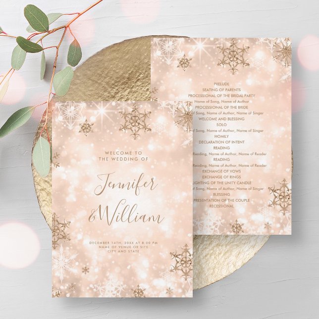 Festive Sparkle Rose Gold Winter Wedding Program Invitation (Festive Sparkle Rose Gold Winter Wedding Program)