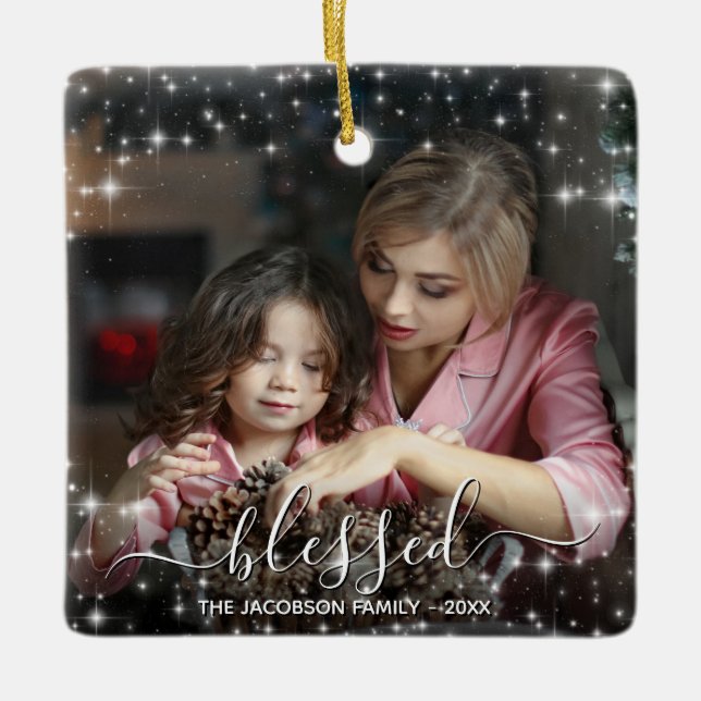 Festive Sparkles Blessed Christmas Holiday Photo Ceramic Ornament (Front)