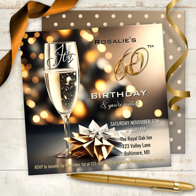 Festive Sparkling 60th Birthday Invitation (Chic and festive 60th birthday party invitation featuring a sparkling beverage on a bokeh background)