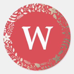 Festive Sparkling Florals   Holiday Monogram Classic Round Sticker