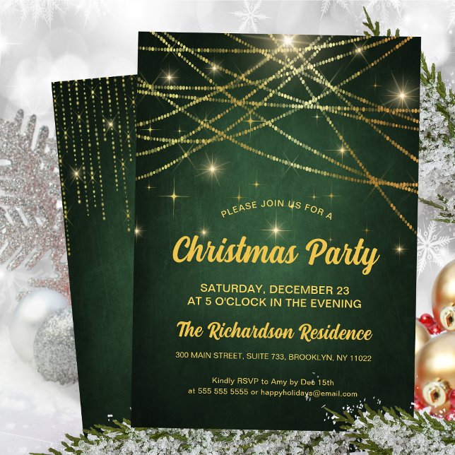 Festive Sparkling Gold String Lights Green Party Invitation (Creator Uploaded)