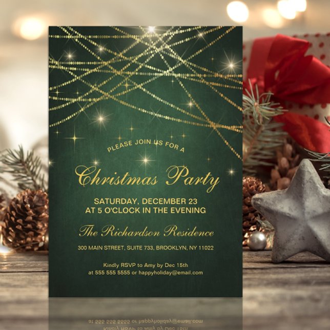 Festive Sparkling Gold String Lights Green Party Invitation (Creator Uploaded)