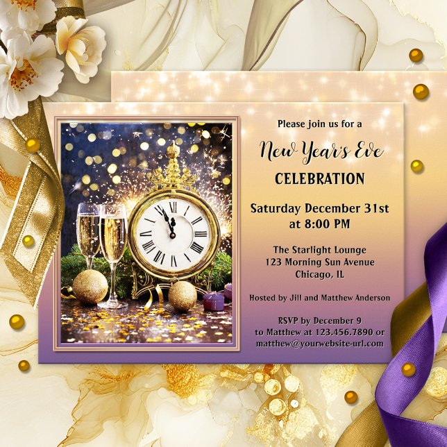Festive Sparkling New Year's Eve Party Invitation (New Year's Eve party invitation featuring two sparkling wine glasses with a clock and festive lights)