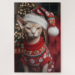 Festive Sphynx Cat in Santa Sweater Christmas Jigsaw Puzzle