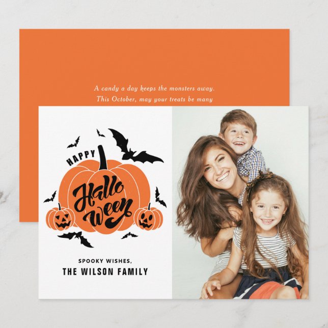 Festive Spooky Pumpkins Happy Halloween Photo Holiday Card (Front/Back)
