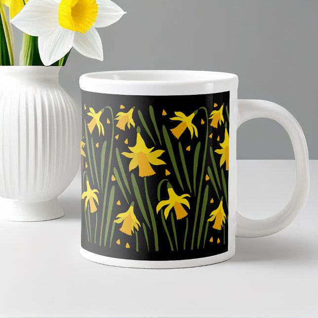 Festive Spring Yellow Daffodils on Black Large Coffee Mug (HELLO SPRING!  )