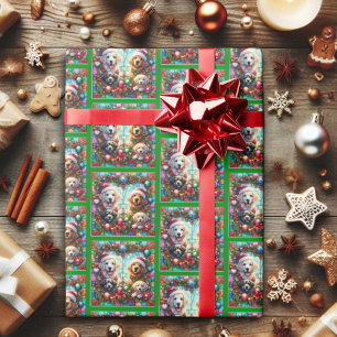 Festive Stained Glass Christmas Dogs Pattern Wrapping Paper