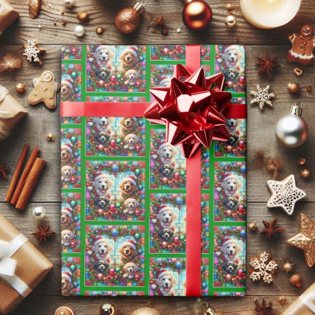 Festive Stained Glass Christmas Dogs Pattern  Wrapping Paper (Creator Uploaded)