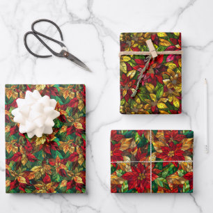 Festive Stained-Glass Poinsettia Pattern Wrapping Paper Sheet