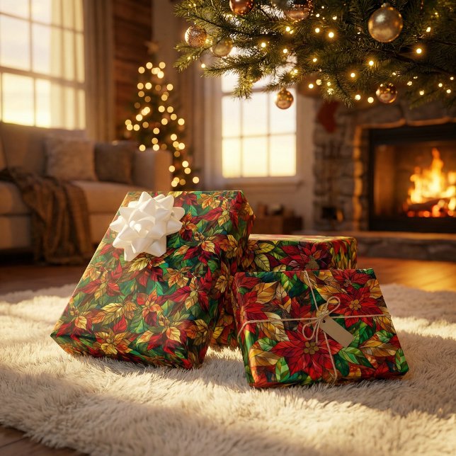 Festive Stained-Glass Poinsettia Pattern Wrapping Paper Sheet (Creator Uploaded)