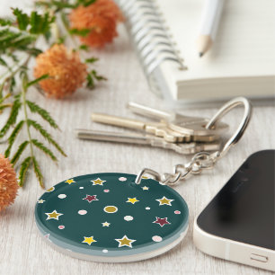 Festive Star Pattern on Dark Teal Key Ring