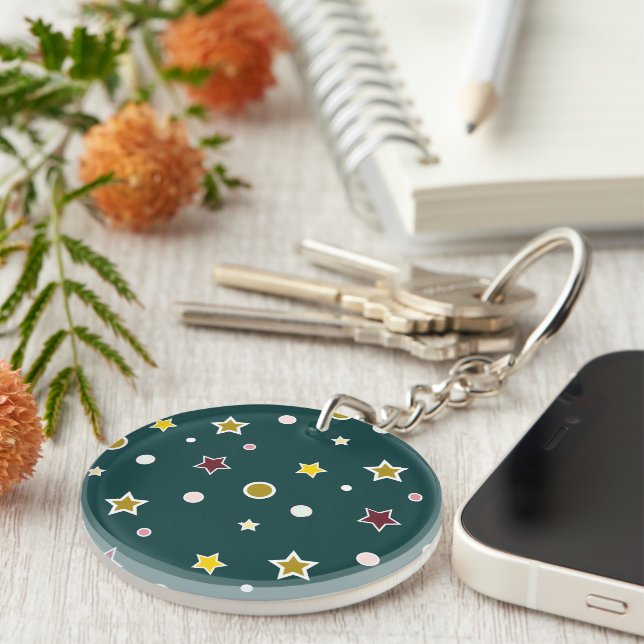 Festive Star Pattern on Dark Teal Key Ring (Front Right)
