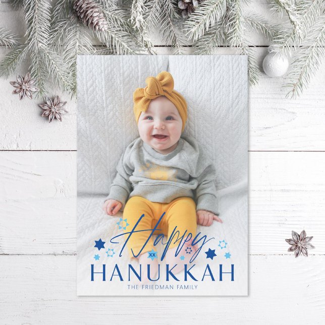 Festive Starry Happy Hanukkah Blue Photo Holiday Card (Creator Uploaded)