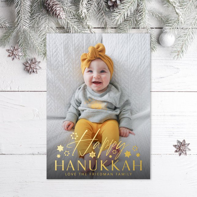 Festive Starry Happy Hanukkah Photo Gold Foil Holiday Card (Creator Uploaded)